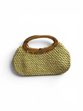 Vintage 1950s Marchioness Yellow Raffia Straw Purse Wood Handle Mid-Century Bag